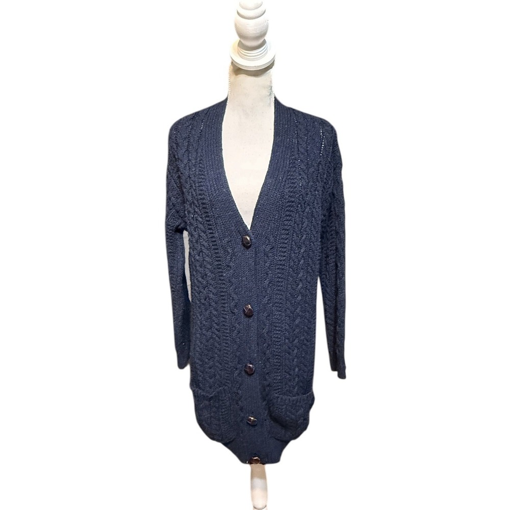 Celtic & Co Aran Cardigan Size Medium Blue Cable Knit 100% Wool Winter Knit